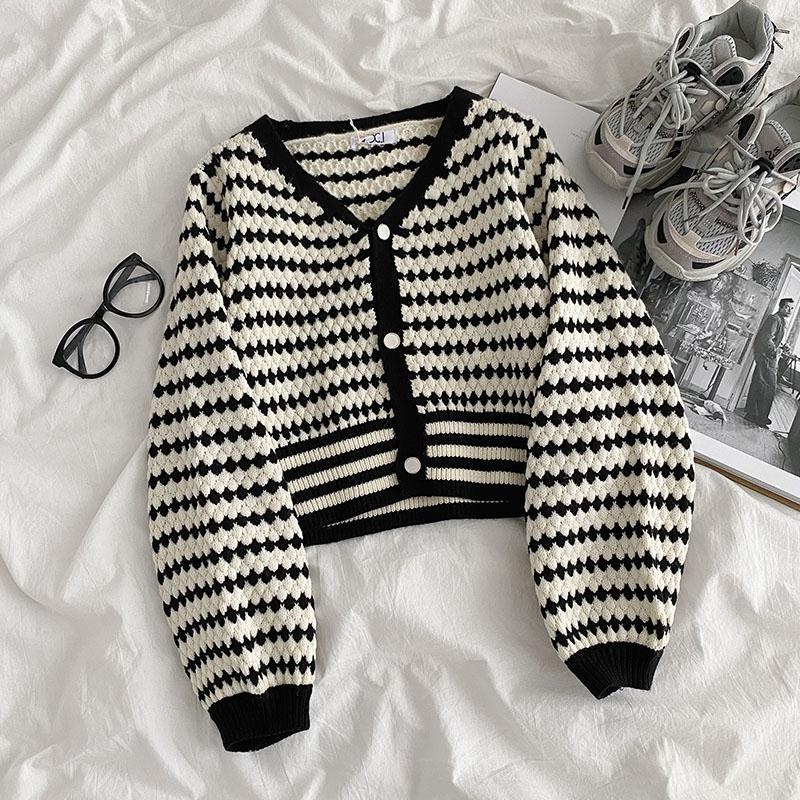 Áo khoác cardigan dệt kim tay dài cổ chữ V dáng rộng kẻ sọc màu đen / hồng / xanh dương phong cách Hàn Quốc cổ điển thời trang