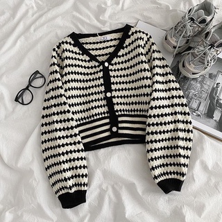 Áo khoác cardigan dệt kim tay dài cổ chữ V dáng rộng kẻ sọc màu đen / hồng / xanh dương phong cách Hàn Quốc cổ điển thời trang