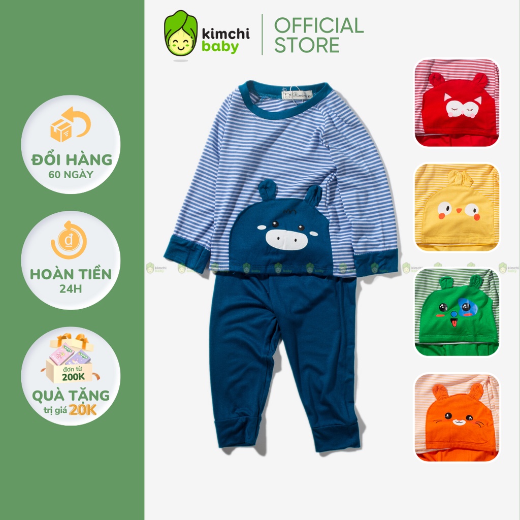 Bộ Dài Tay Thun Lạnh Cho Bé Trai, Bé Gái KIMCHIBABY Hoạ Tiết Tai Thú Kẻ Sọc, Đồ Bộ Mặc Nhà Cho Bé Thu Đông KWTD2213