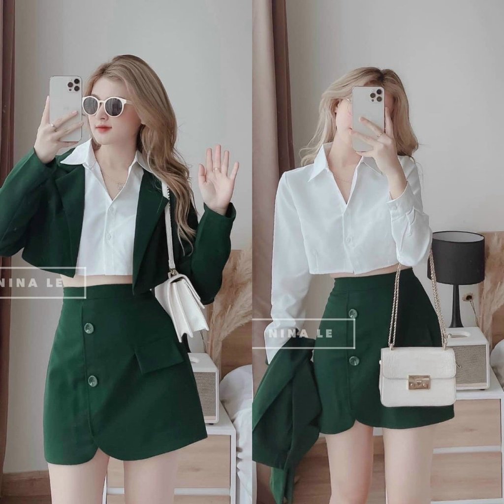 Sét Váy Nữ Thời Trang Mặc Đi Chơi, Sét Váy Tuyết Mưa Chân Váy Xẻ Nút Mix Áo Croptop Trắng Chất Siu Tay Dài Xinh Xắn