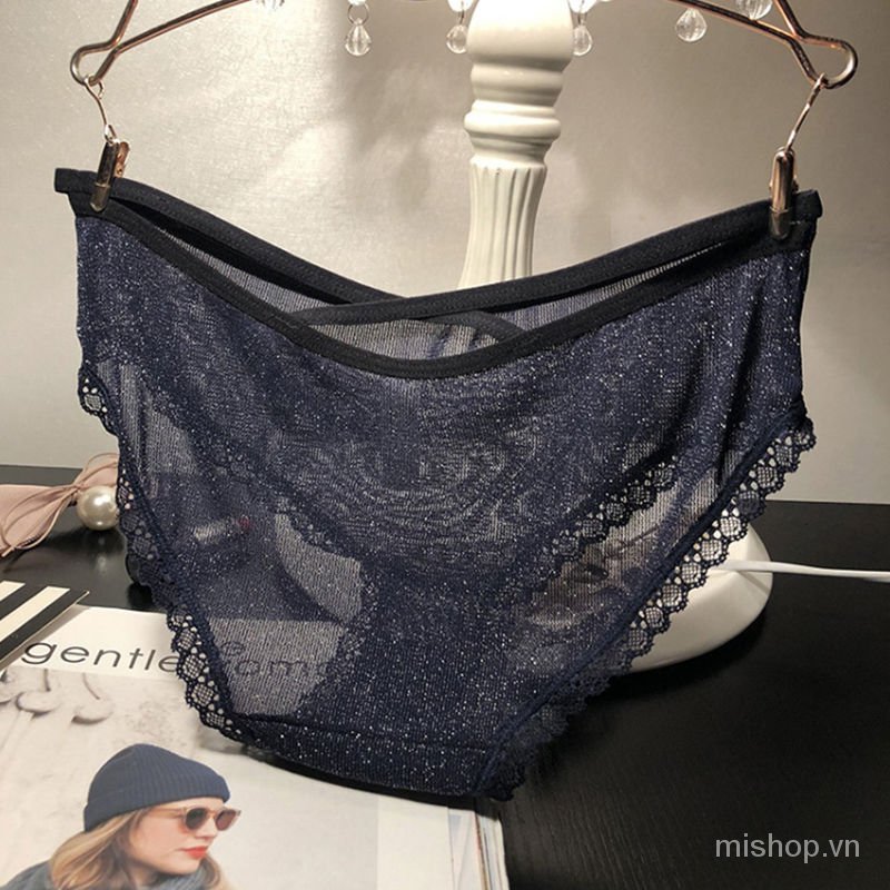 CODLarge Size FatmmMesh Panties Women's Transparent Ultra-Thin Mid Waist Sexy Temptation Quick-Drying Japanese Fashion Lace Trim Briefs