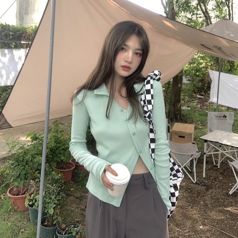 Áo len dài tay mỏng Phụ nữ mùa hè hoang dã Niche Hot girl mỏng xẻ trên