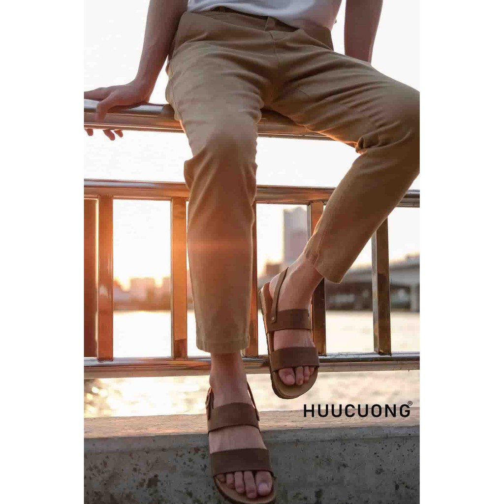 Giày unisex Quai Ngang 2 Quai HUUCUONG Quai Da Thật Màu Nâu Đế Trấu .