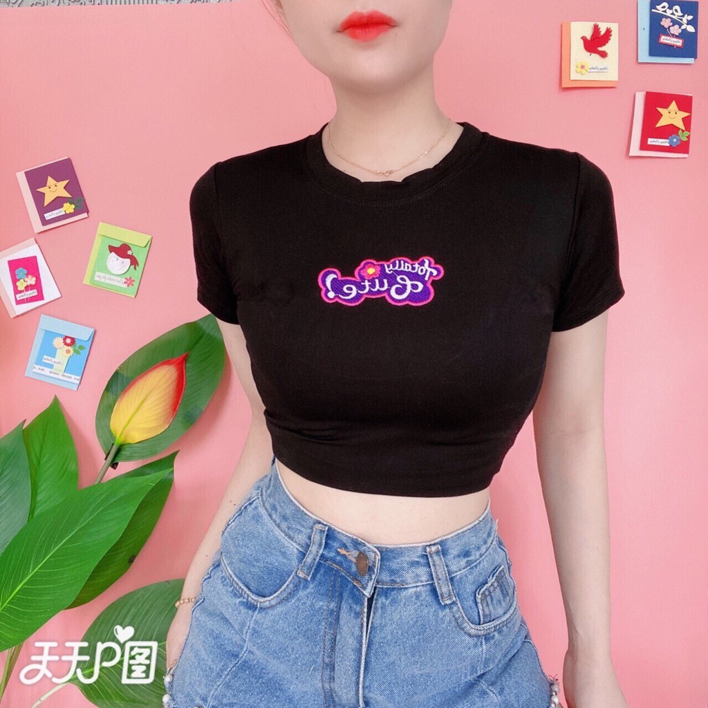 Áo thun lụa croptop cute xinh xinh