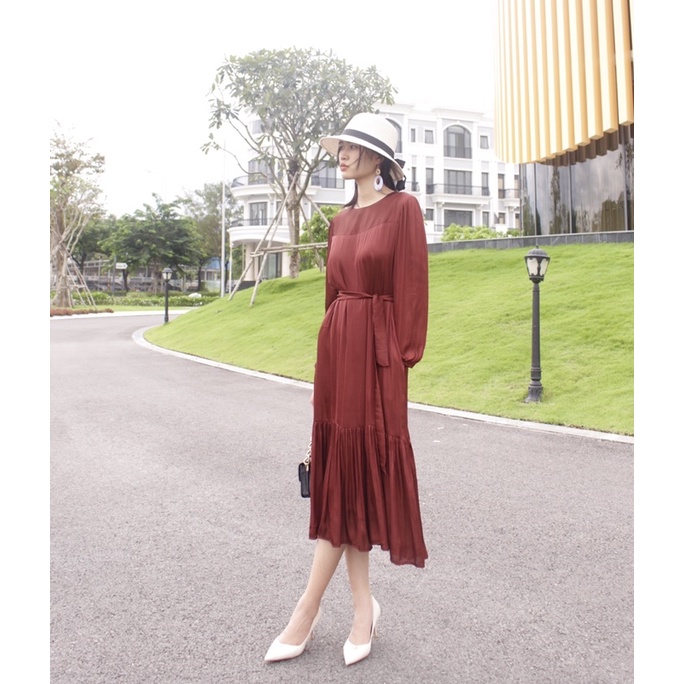 XÍN-Đầm nữ vải tơ- dáng babydoll tay dài  - cổ thuyền, hàng thiết kế cao cấp