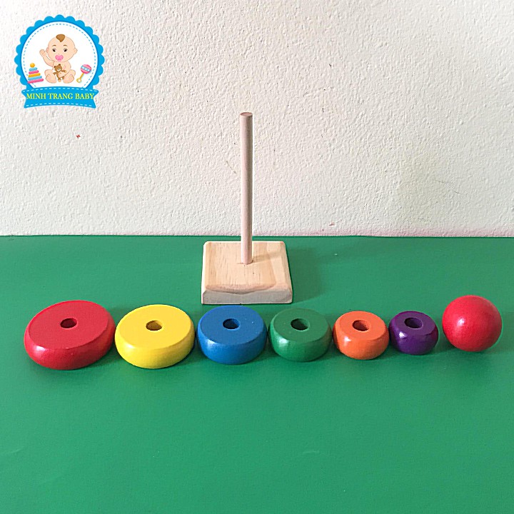 Đồ chơi gỗ tháp xếp chồng cho bé nhận biết màu sắc kích thước, Đồ chơi Montessori gỗ an toàn