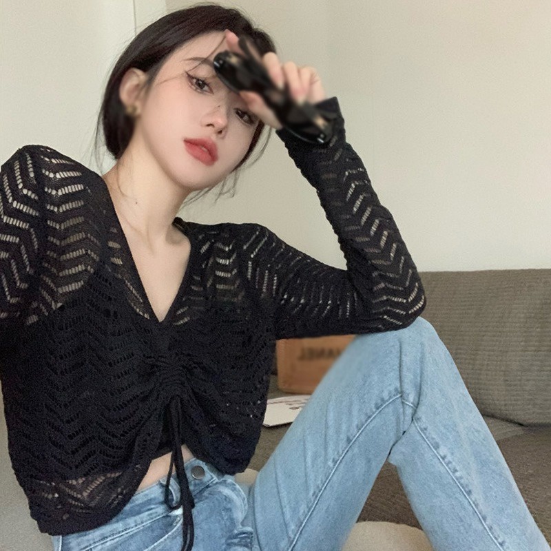 Áo Croptop Dệt Kim Tay Dài Chống Nắng Màu Sắc Trơn Phối Dây Rút Phong Cách Vintage Hàn Quốc Cho Nữ