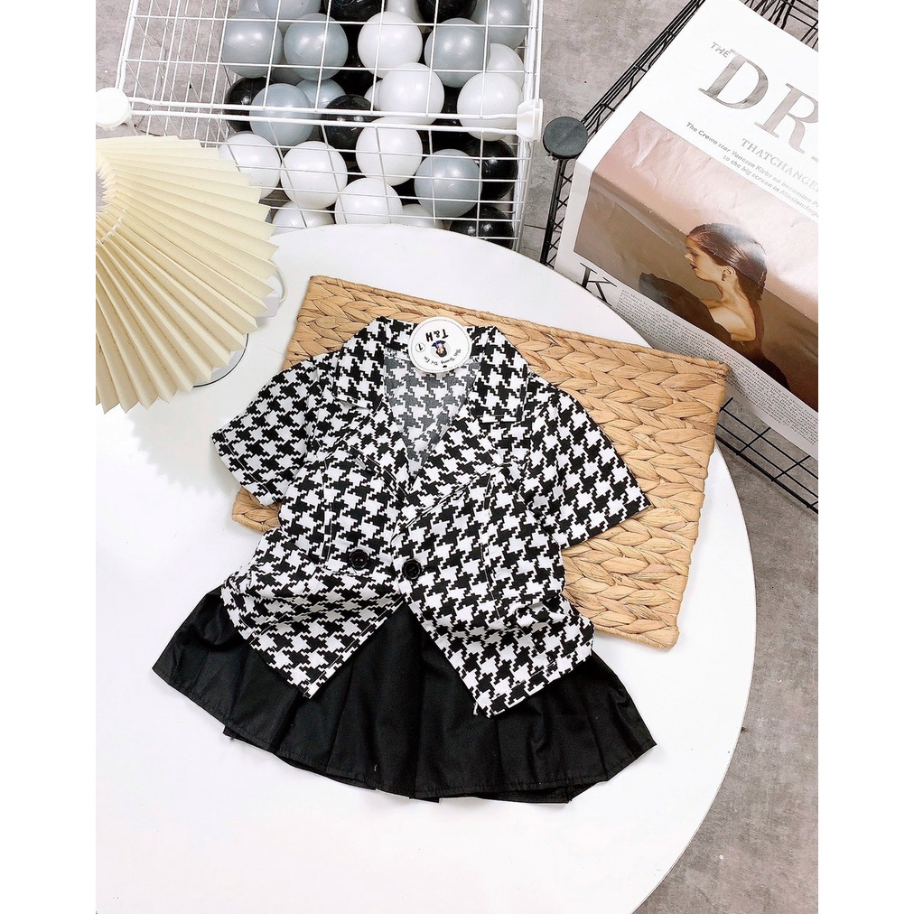 Đồ bộ bé gái, Set áo vest ngắn tay họa tiết ảo ảnh và chân váy xòe xếp ly (có quần) cute cho bé từ 7-18 kg, SUN KID'S