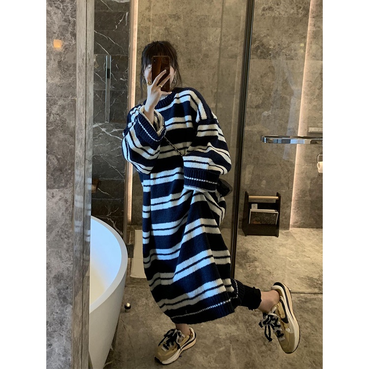Đầm ZHELIHANGFEI dệt kim dáng rộng kẻ sọc cá tính thời trang