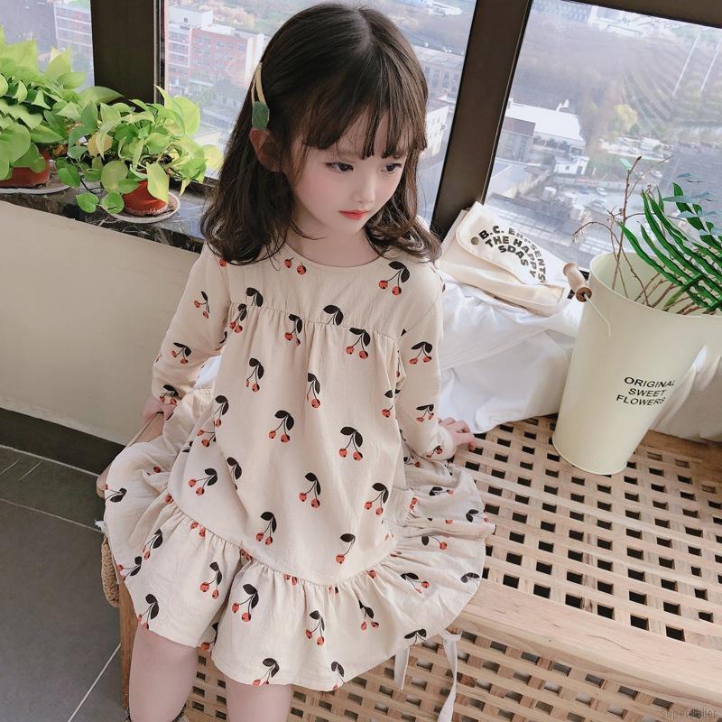 đầm công chúa Tay Dài Họa Tiết Trái Cherry Đáng Yêu Dành Cho Bé 0-6 Tuổi