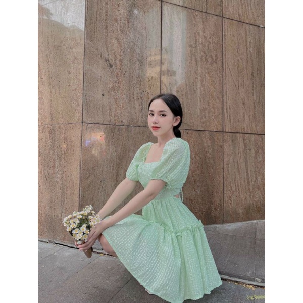 Đầm xanh sữa tay phồng cột lưng chất vải 3D lông nổi cực kỳ xinh xắn tiểu thư luôn ạ