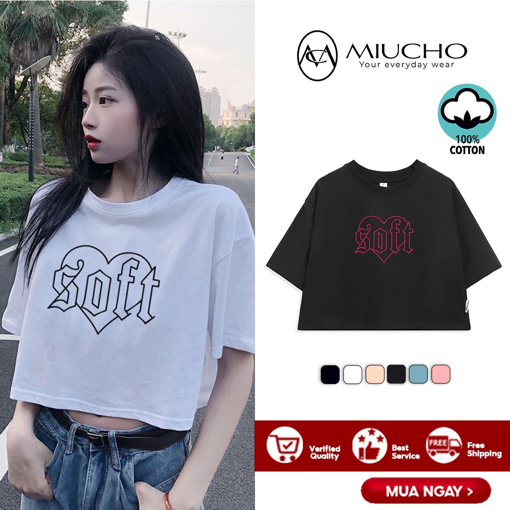 Áo croptop nữ tay ngắn cổ tròn vải thun cotton kiểu hàn quốc CR001 Miucho in hình hoạ tiết