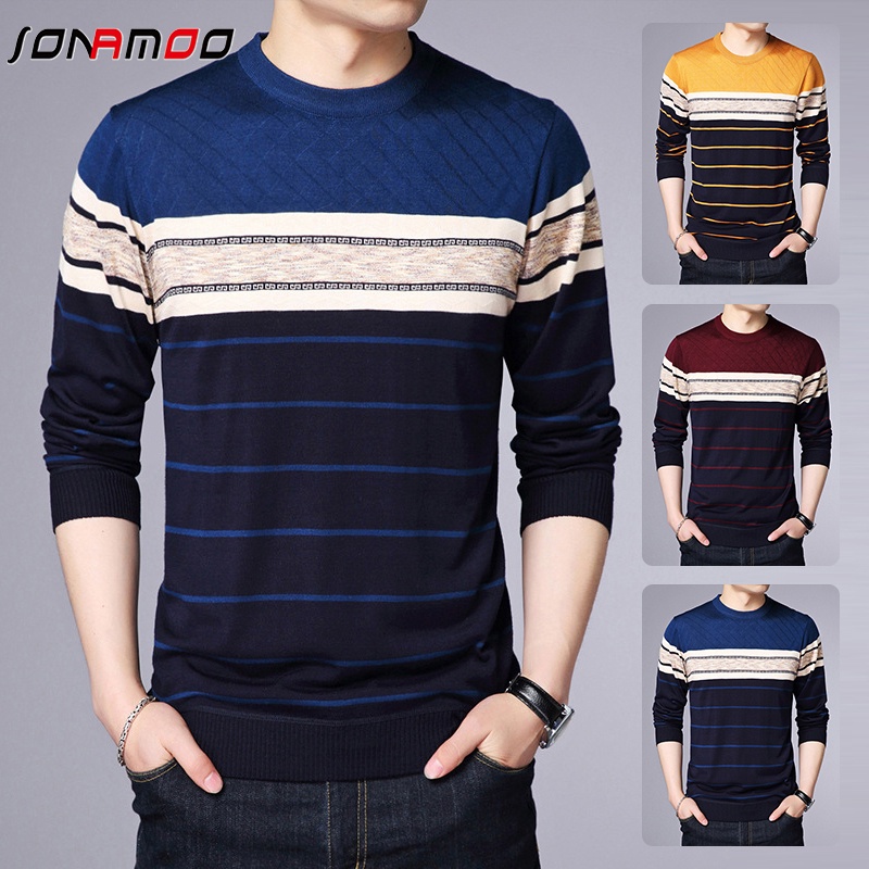 Áo Thun Nam Dài Tay Cổ Tròn Sọc Ngang Thời Trang