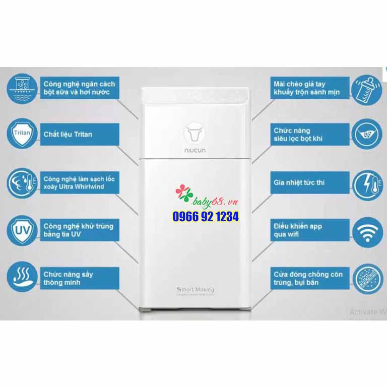 Máy pha sữa Niucun có tiệt trùng UV thông minh, sấy khô, pha được tất cả các loai sữa từ 35-70 độ