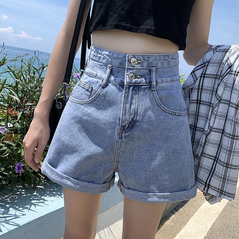 Quần Short Denim Lưng Cao Ống Rộng Thoáng Khí Cho Nữ