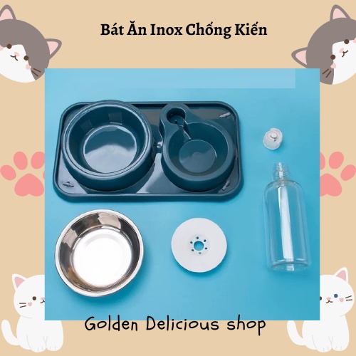 Bát Ăn Chống Kiến Cho Chó Mèo - Chất Liệu Inox - Có Kèm Bình Nước - Màu Sắc Cực Đẹp Và Sang Trọng - Giá Siêu Rẻ