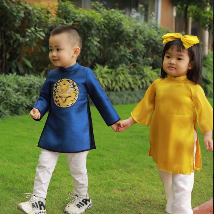Áo Dài Cách Tân Thêu Họa Tiết Rồng Mây Cá Chép Cho Bé Trai, Chất Vải Cao Cấp Mẫu Mới Tết 2021