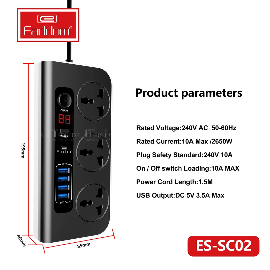 Ổ Cắm Nhiều Cổng Earldom ES - SC02, Chính hãng BH 12 Tháng ( 4 Cổng USB 3.5A, 3 phích chuẩn USA/AUS, UK và EU)