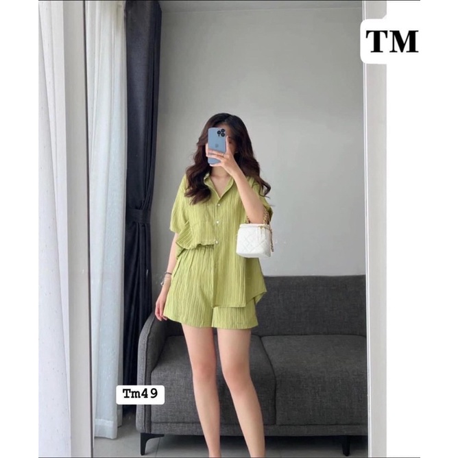 Set Bộ Đũi Gân Sơ Mi Thắt Nơ Lưng Mix Quần Short 100