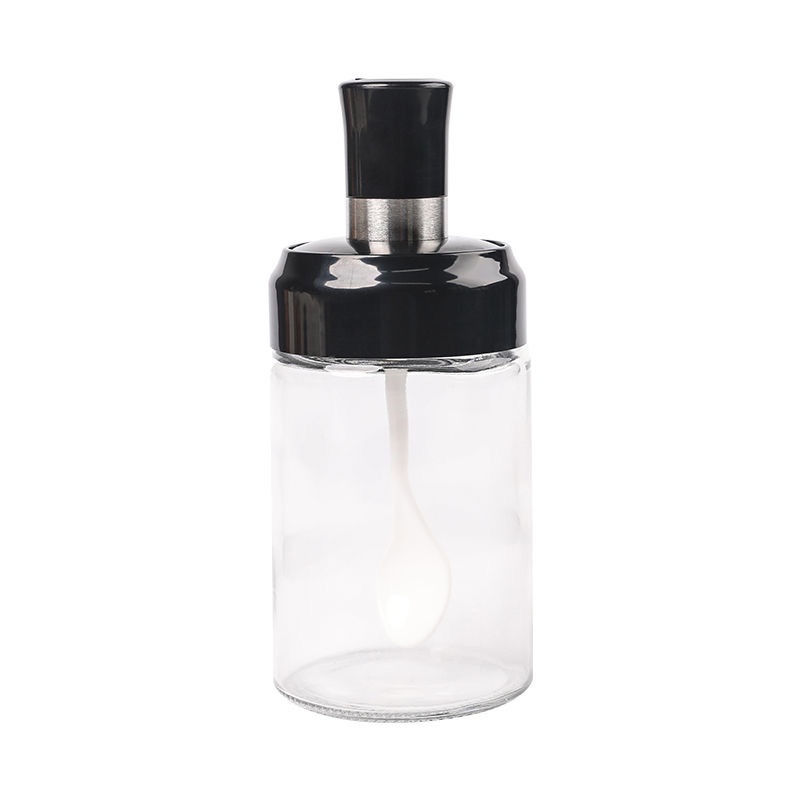 Hũ đựng gia vị thuỷ tinh lọ gia vị kèm thìa trong suốt có nắp đậy màu đen ngăn bụi bẩn côn trùng có thể tháo rời vệ sinh