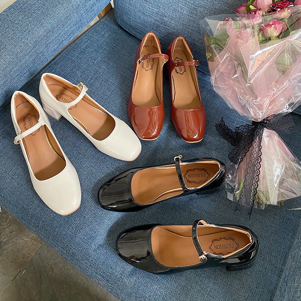 Giày Cao Gót Nữ Mũi Tròn Quai Ngang Da Bóng Mary Jane Phong Cách Vintage - GD003
