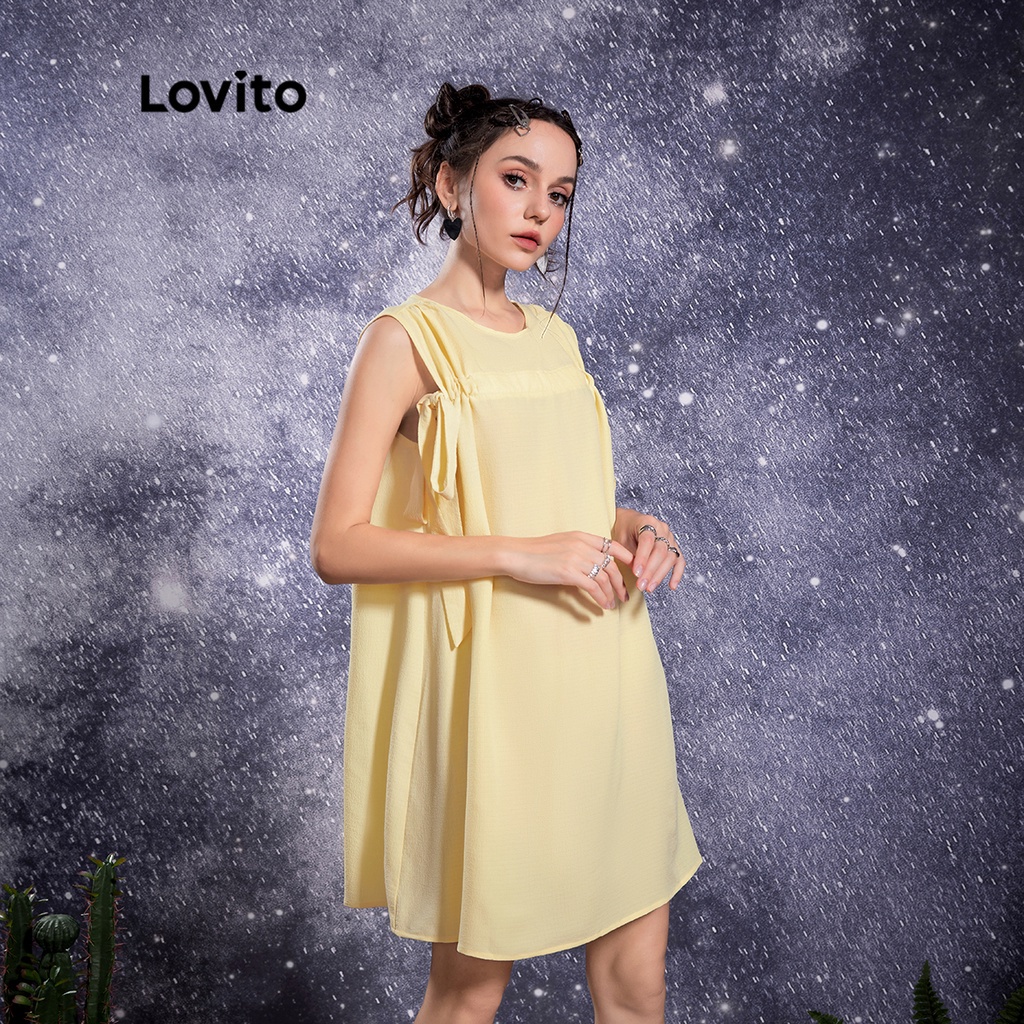 Lovito STAR GIRL Dây rút trơn giản dị Đầm nữ chữ A phức hợp L32AE026 (Vàng nhạt)