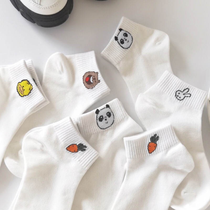 Tất vớ cổ ngắn nữ trắng họa tiết kute chất liệu cotton co giãn bốn chiều, set 5 đôi - Sope Shop