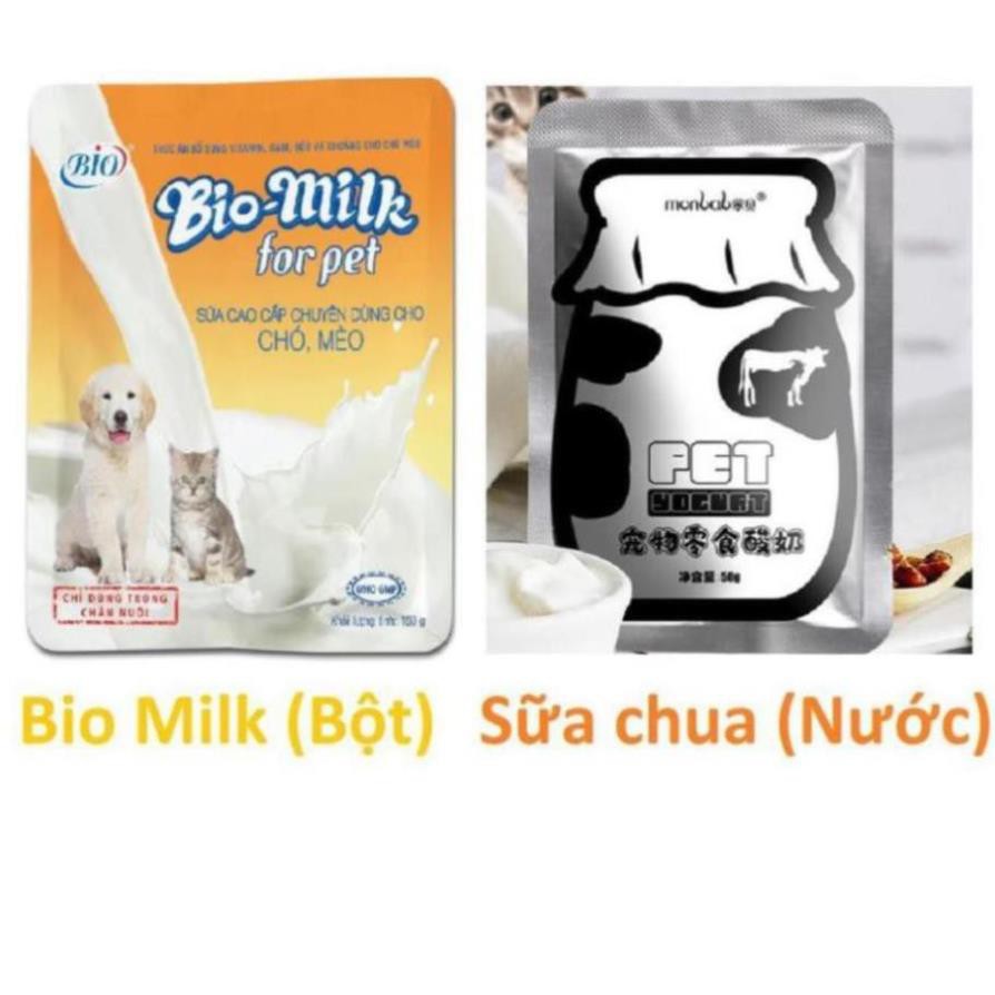 (1 gói) Sữa cho chó mèo (2 loại) Bio Milk (100gr bột) và sữa chua cho thú cưng biếng ăn (50ml nước)