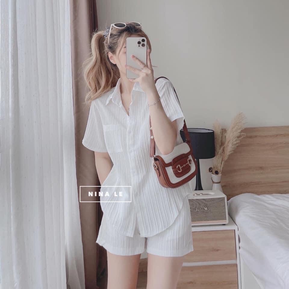 Set áo sơ mi buộc dây xẻ sau lưng kèm quần sooc, áo sơ mi phối quần đùi chất đũi gân chuẩn ảnh