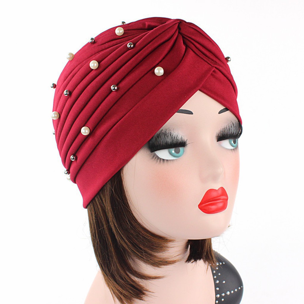 Mũ turban đính hạt ngọc trai nhân tạo thời trang cho nữ