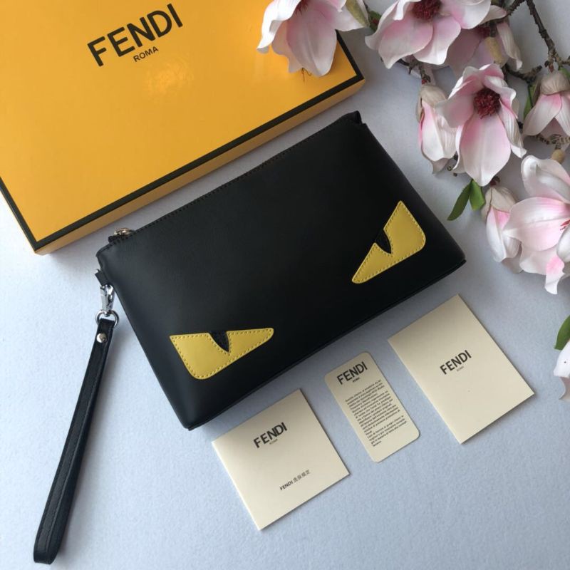 clutch cầm tay nam nữ da thật dáng dài kéo khóa có quai cầm tay họa tiết hình đôi mắt màu vàng Fendi FD