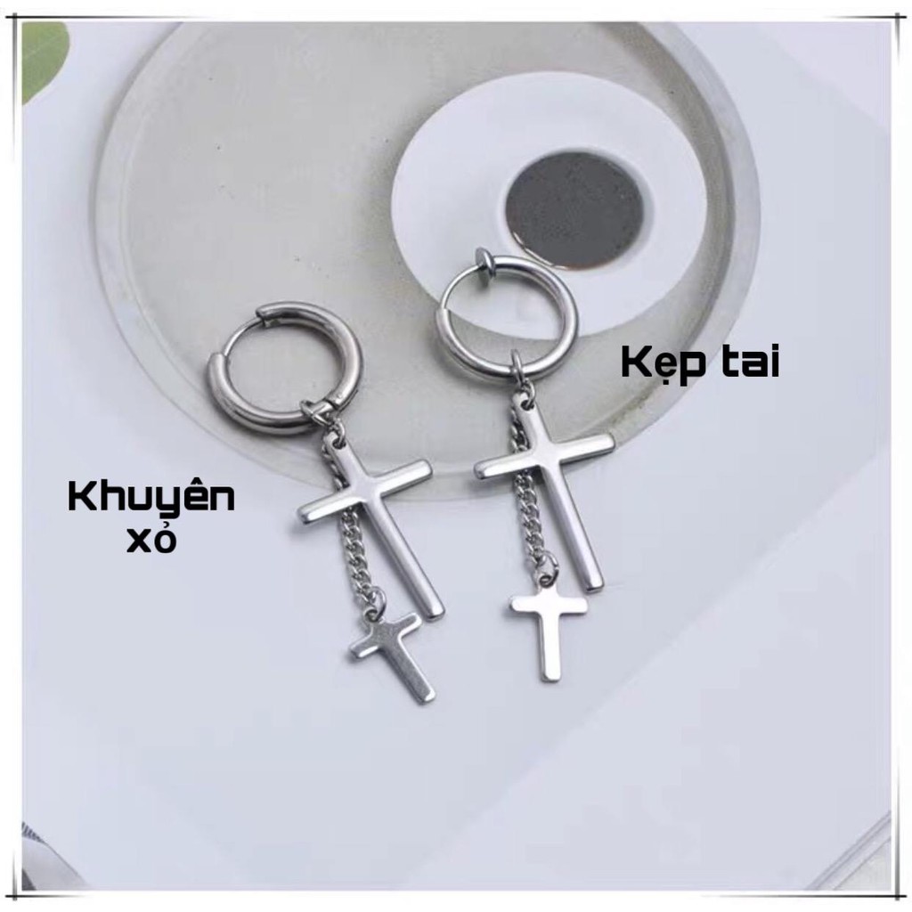 Khuyên tai titan unisex thánh giá 2 tầng không gỉ có loại kẹp không xỏ lỗ