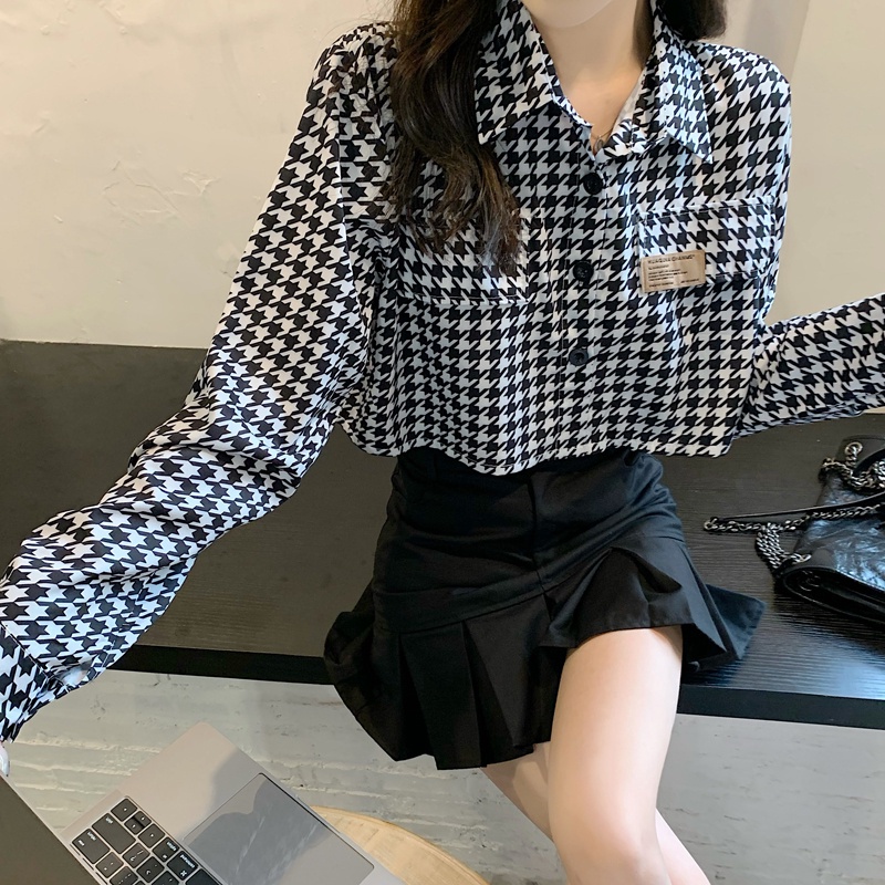 SUXI Áo sơ mi tay dài dáng rộng họa tiết kẻ sọc caro thời trang mùa thu Hàn Quốc trẻ trung năng động cho nữ