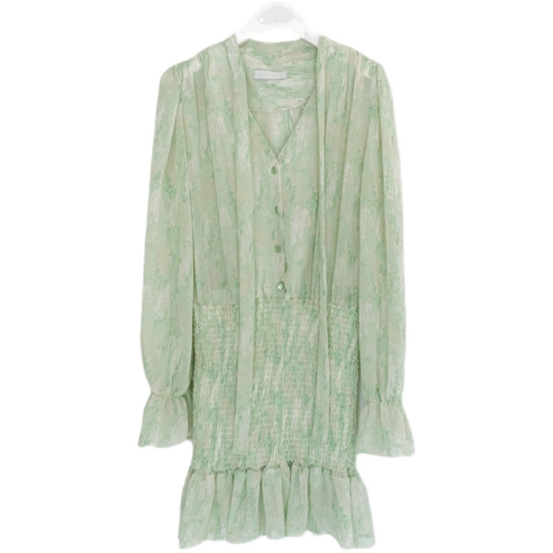 Váy MORAN voan hoa xanh loang dài tay thon eo thun ôm body điệu đà gợi cảm style Hàn Quốc