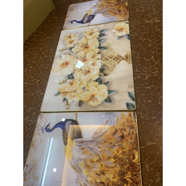 T23 Bộ 3 Tranh Treo Tường Phòng Khách Chim Công Và Bình Hoa Tráng/ Phòng ngủ/ Quà tặng Decor Tráng Gương