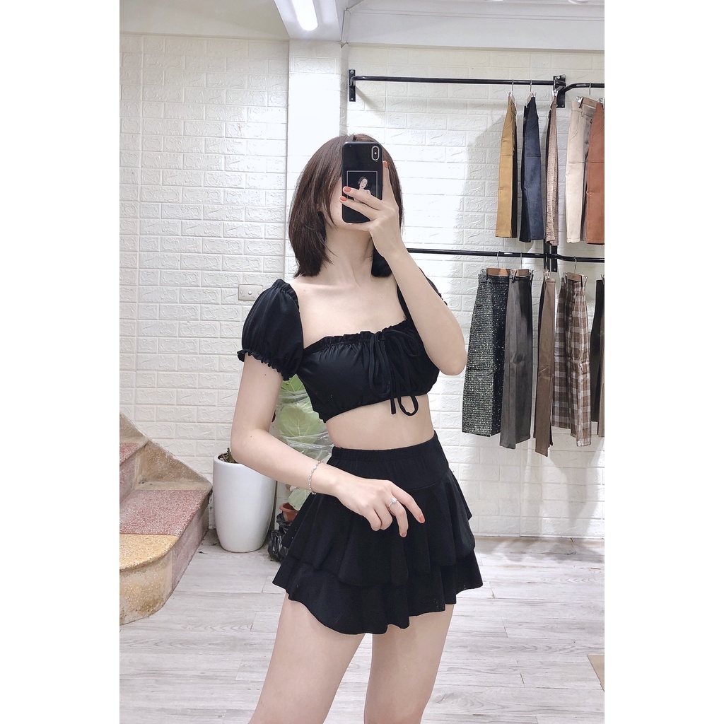 Bikini, đồ bơi đi biển 2 mảnh nữ áo tay phồng Hiền Hồ phối váy 2 tầng đẹp HM-070