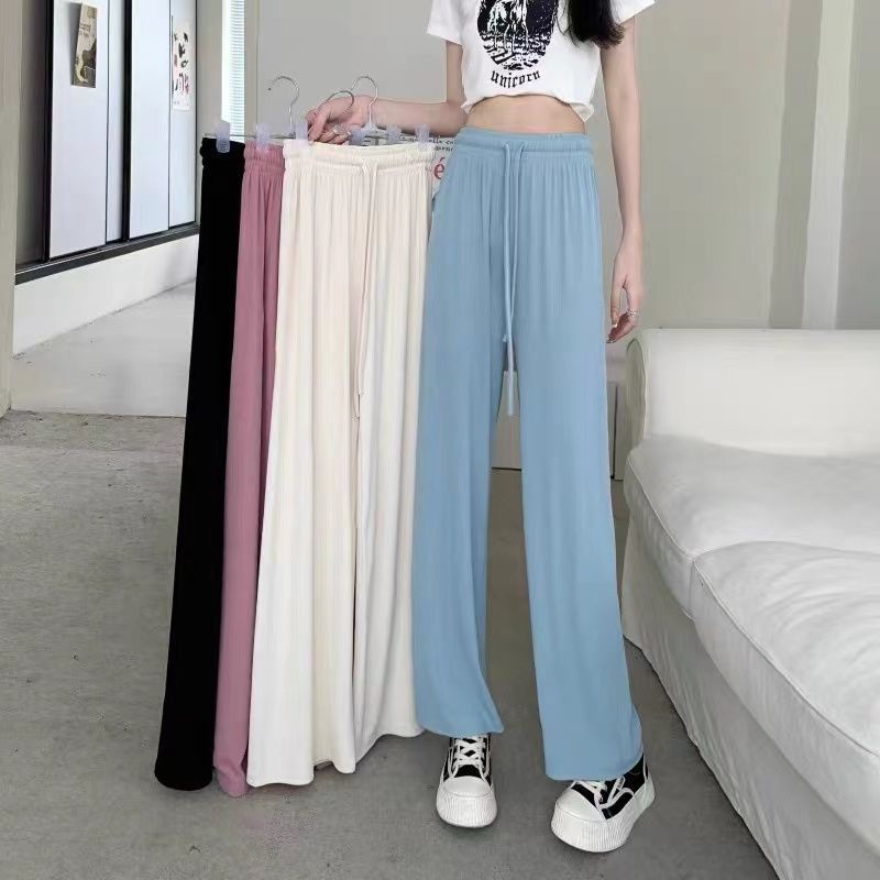 Quần Dài Lưng Cao Ống Rộng Phối Dây Rút Vải Lụa Mát Thời Trang Trẻ Trung Cho Nữ