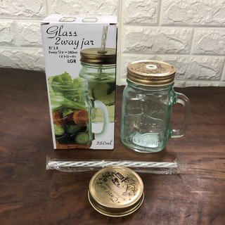 Bình detox thủy tinh 380ml (loại 2 nắp, có lỗ cắm + ống hút) Hàng Nhật