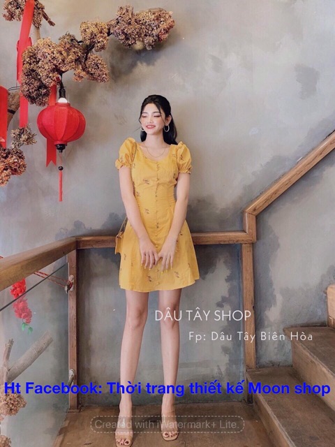 Đầm xô thêu hoa nhí nút bọc DHT005