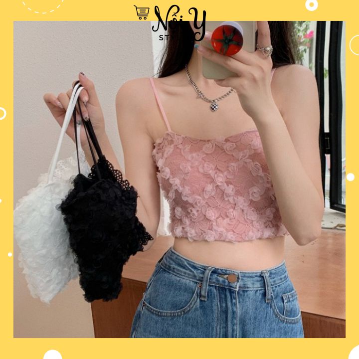 Áo Bra Nữ Ren Hoa Hồng 2 Dây Dáng Croptop Cao Cấp Kèm Mút Nâng Ngực MS20223
