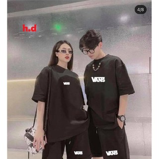 bộ thun đùi nam nữ màu đen áo to rộng in chữ phản quang VAN
