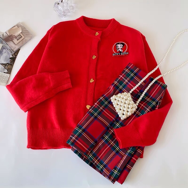 |REDFLA SET| SET áo len đỏ chân váy đỏ caro TLÉA