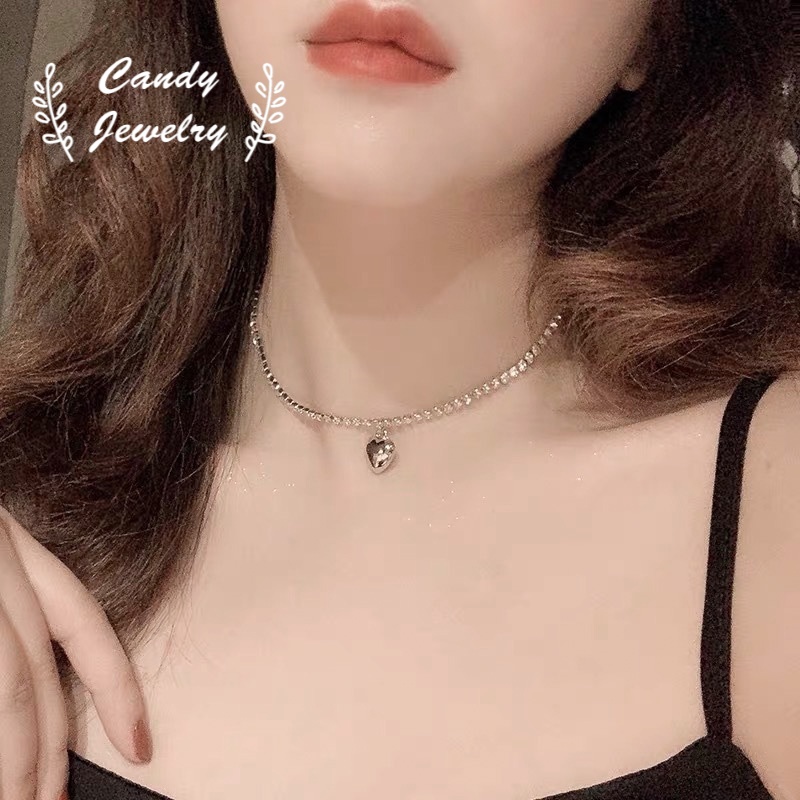 Vòng cổ choker MANYUE dáng ngắn mặt trái tim đính đá nhân tạo lấp lánh phong cách Hàn Quốc thời trang