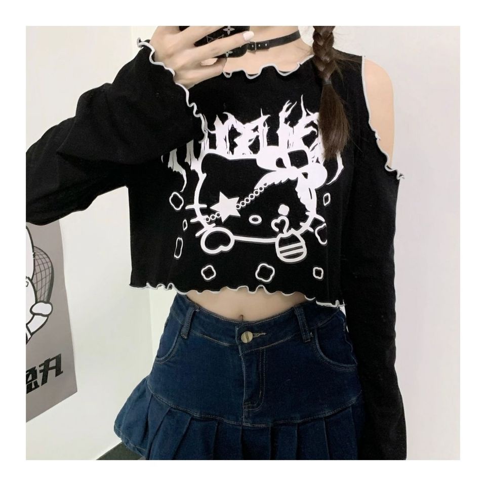 Áo Thun Tay Loe Dài Dáng Rộng In Hoạt Hình Hello Kitty Thời Trang Xinh Xắn Cho Nữ Y2k
