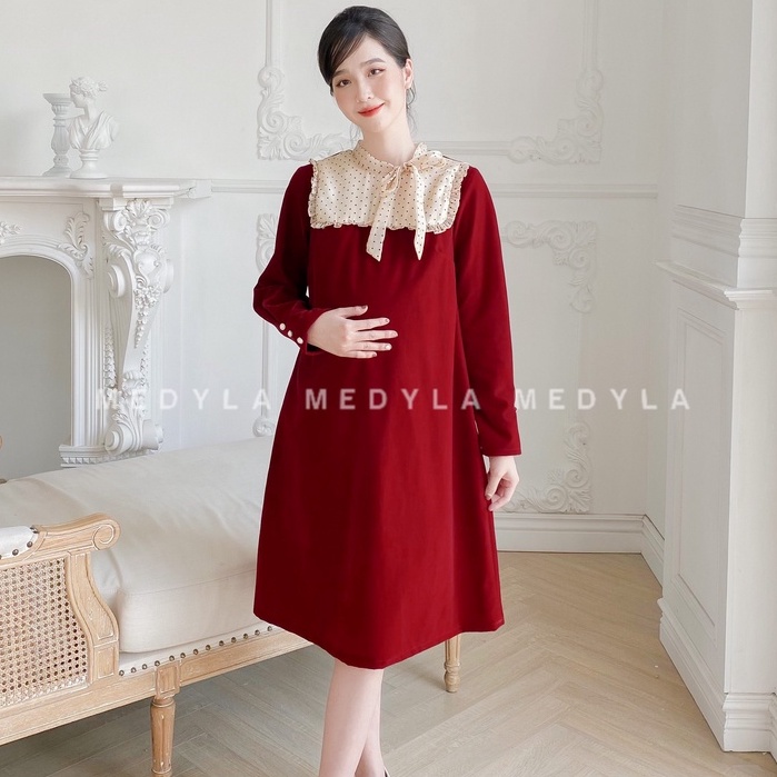 Váy bầu mùa đông nhung lì kết hợp lụa bóng cho bầu xinh đẹp đi chơi, diện tết - Đầm bầu dự tiệc thiết kế Medyla - VS373