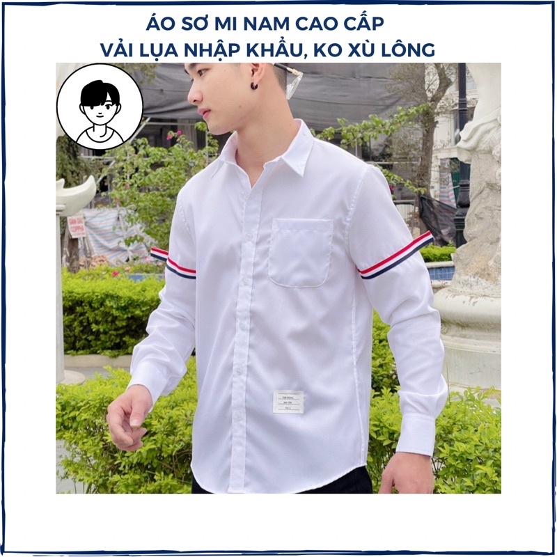 Áo sơ mi nam tay dài form rộng thêu chữ chất lụa thấp hút mồ hôi tốt