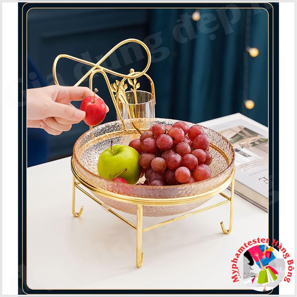 Set Lẵng Thủy Tinh Kèm Nĩa + Bát Thủy Tinh Đựng Hoa Quả Kèm Kệ Inox Vàng Màu Hổ Phách - Khói Xám Phong Cách Vintage 2022