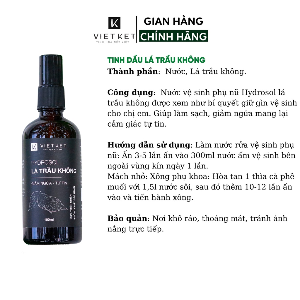 Tinh Dầu Trầu Không VIET KET Vệ Sinh Vùng Kín, Se Khít, Giảm Ngứa, Làm Dịu Da, Giúp Chống Khuẩn 100ml