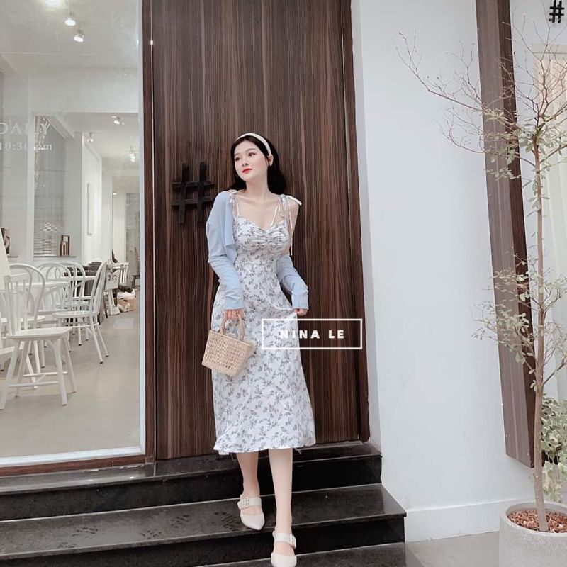 (Best Seller) Set đầm midi 2 dây hoa nhí + Khoác cardigan lửng xanh | BigBuy360 - bigbuy360.vn