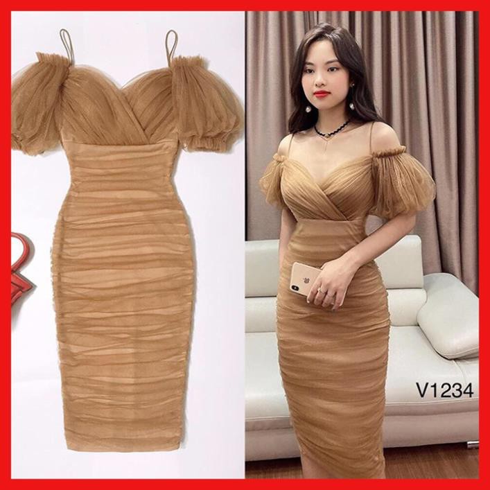 Đầm dự tiệc lệch vai phối lưới sang chảnh.(kèm video clip thật) [HÀNG CHẤT LƯỢNG] | BigBuy360 - bigbuy360.vn